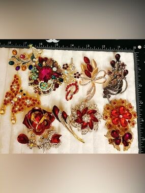 Lot 12 Red Rhinestone Brooches Gold Tone Butterfly Bird Flower Crystal Pin Set